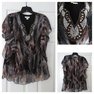 Cato Jewel Neckline Top w/Abstr Feather Sz- XL.